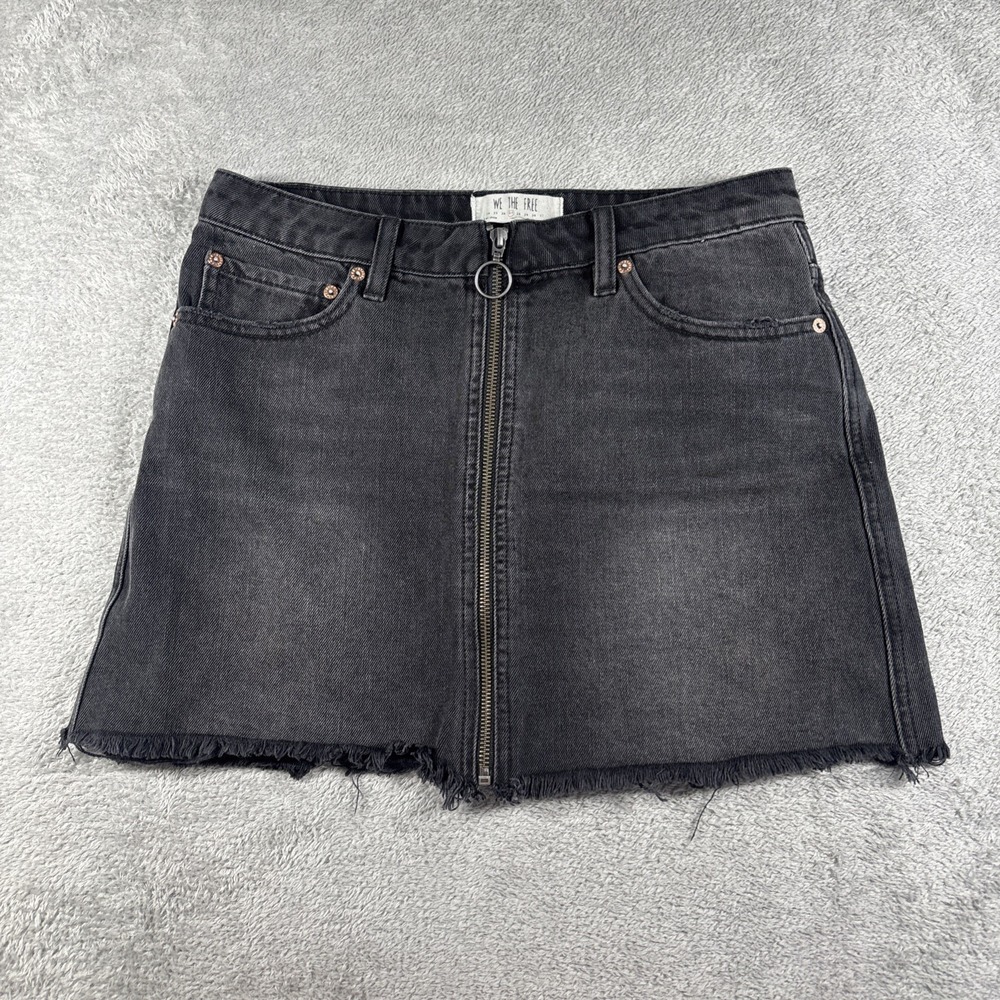 We The Free Women's Denim Mini Skirt Raw Hem Zip Front Grunge Gray/Black Size 27